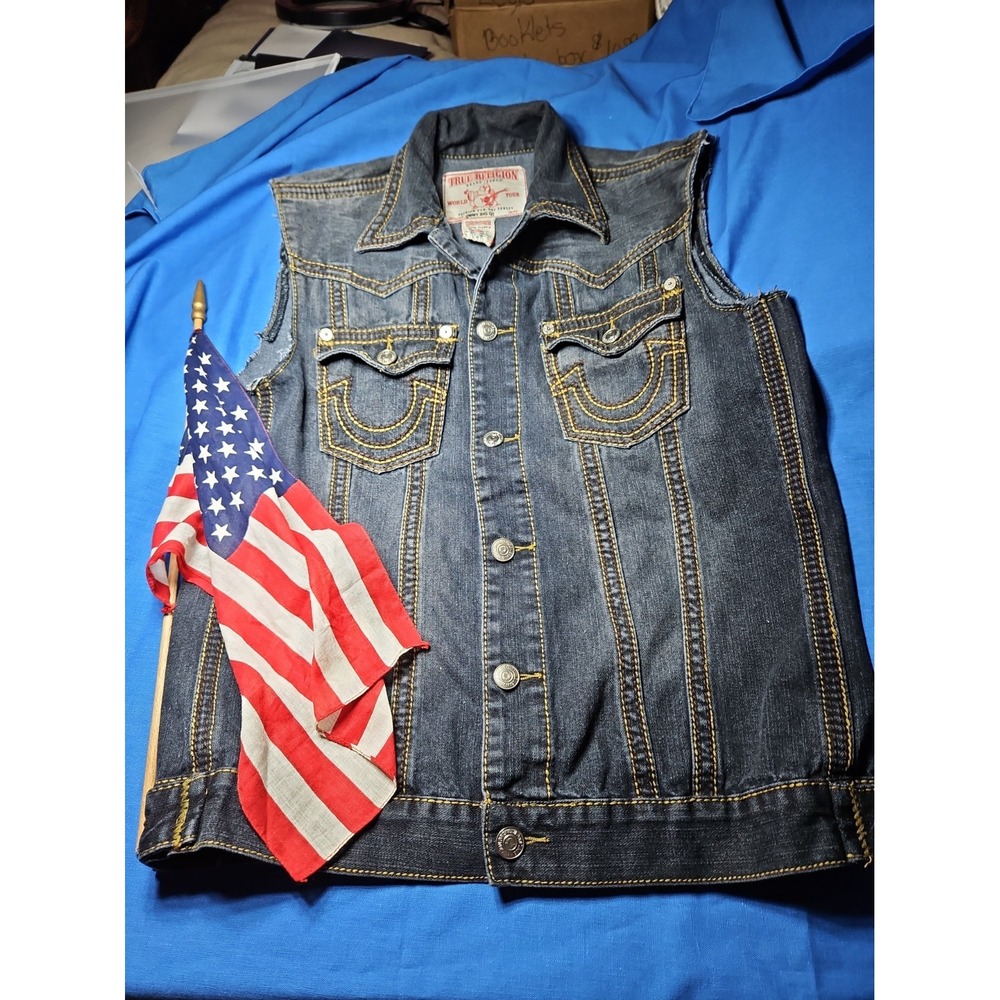 True Religion Denim Vest Vintage Y2K Jimmy Big QT Trucker Jacket Chunky Thread
